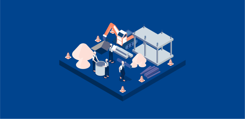 Illustrazione isometrica di un cantiere edile con operai, macchinari e struttura in costruzione, che rappresenta l’applicazione dei CAM criteri ambientali minimi edilizia nella gestione dei materiali e dei processi di cantiere.