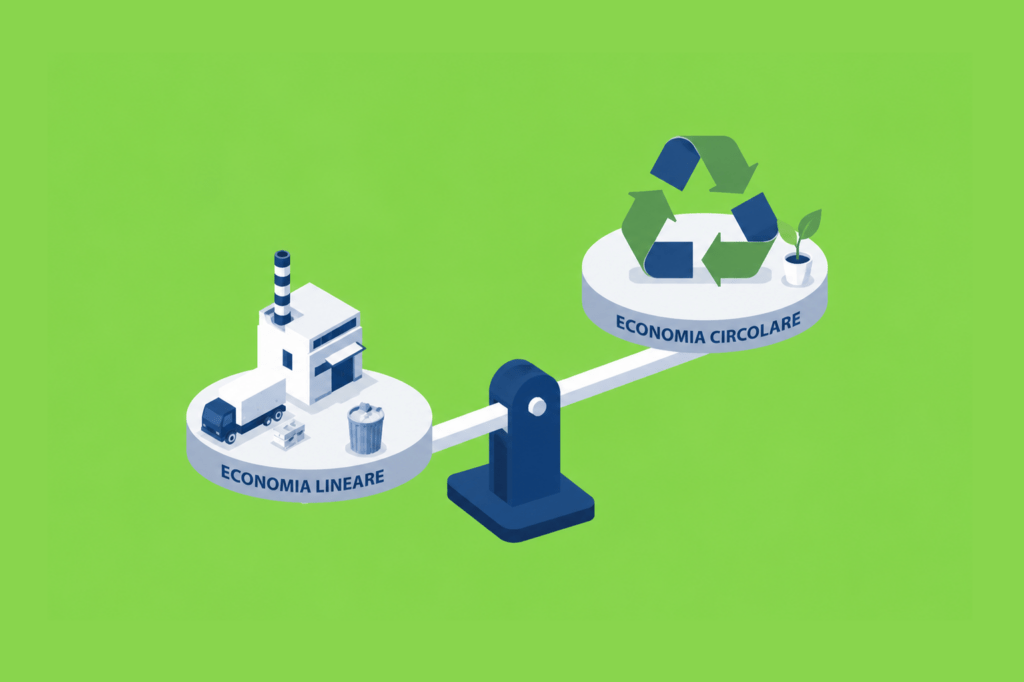 Schema che confronta economia circolare ed economia lineare nei processi aziendali, mostrando riuso, recupero delle risorse, riciclo e riduzione degli sprechi lungo il ciclo di vita dei prodotti nella circular economy.