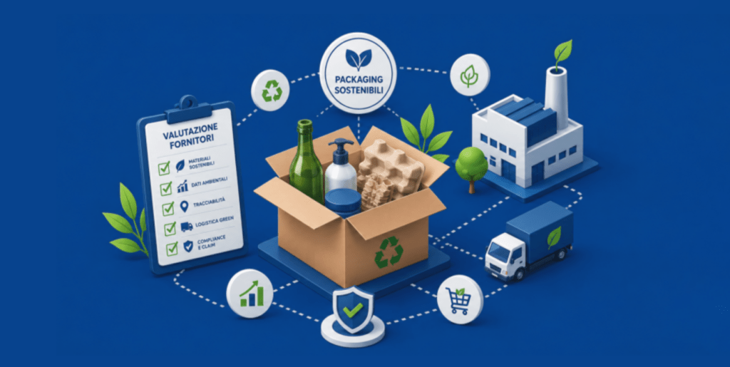 Grafica dedicata al packaging sostenibile, con elementi visivi che richiamano materiali riciclabili, economia circolare e comunicazione ambientale. Il contenuto approfondisce il tema dei green claims applicati al packaging e l’importanza di dichiarazioni ambientali chiare, verificabili e conformi alla normativa.
