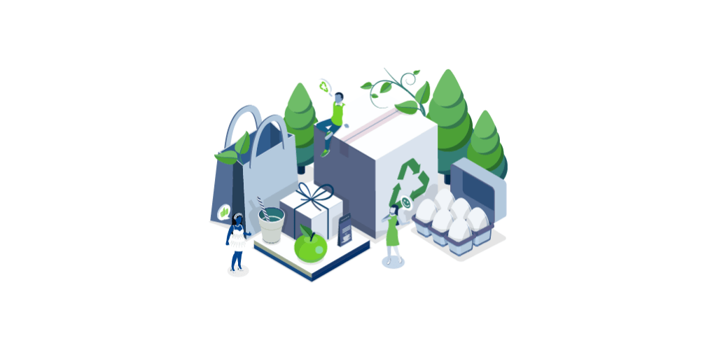 Illustrazione isometrica dedicata all’economia circolare: una scatola con simbolo del riciclo, sacchetti, contenitori e imballaggi sostenibili circondati da alberi e figure umane. L’immagine rappresenta la progettazione, il recupero e il riutilizzo degli imballaggi previsti dal Regolamento europeo PPWR.