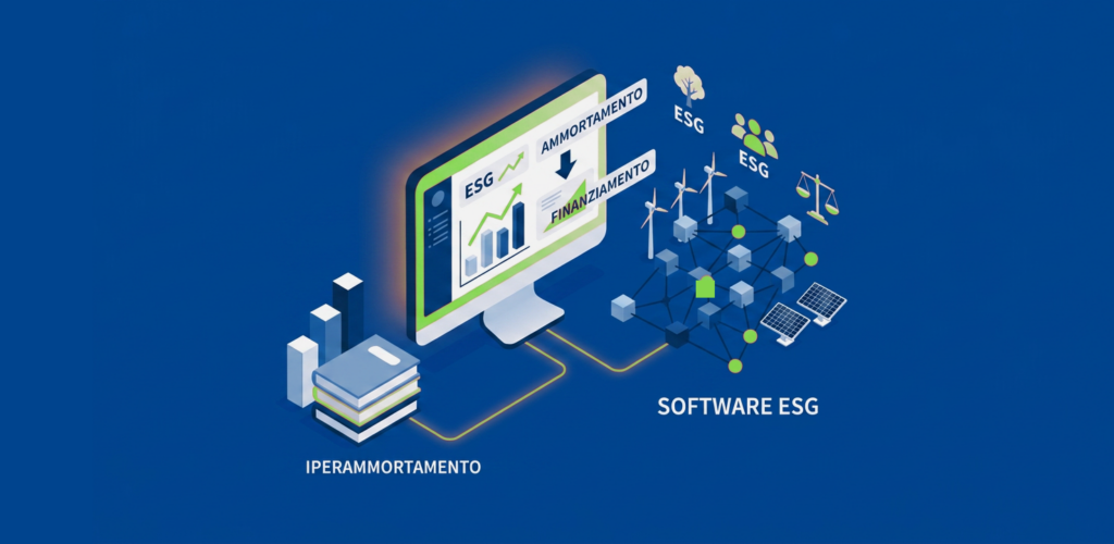 Illustrazione isometrica di un software ESG collegato all'iperammortamento, con dashboard digitale, grafici, indicatori ESG, fonti di energia rinnovabile e rete di dati per la gestione della sostenibilità aziendale.